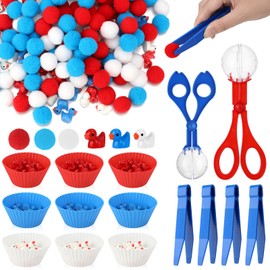 195Pcs 4th of July Patriotic Sensory Bin Filler Fine Motor Toys Counting Sorting 120Pcs Pom Pom 60Pcs Mini Resin Duck 9Pcs Sorting Cups 4Pcs Tweezers 2Pcs Scissors Clips for Preschool Early Education