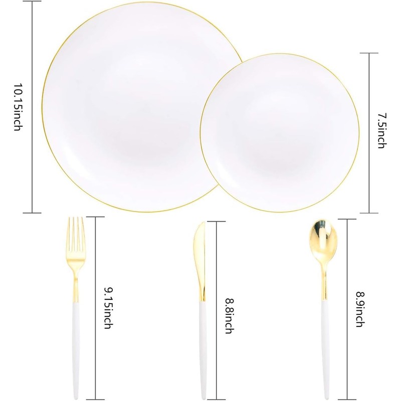IOOOOO 150Pcs Gold Plastic Plates with Disposable Silverware,White Gold Dinnerware
