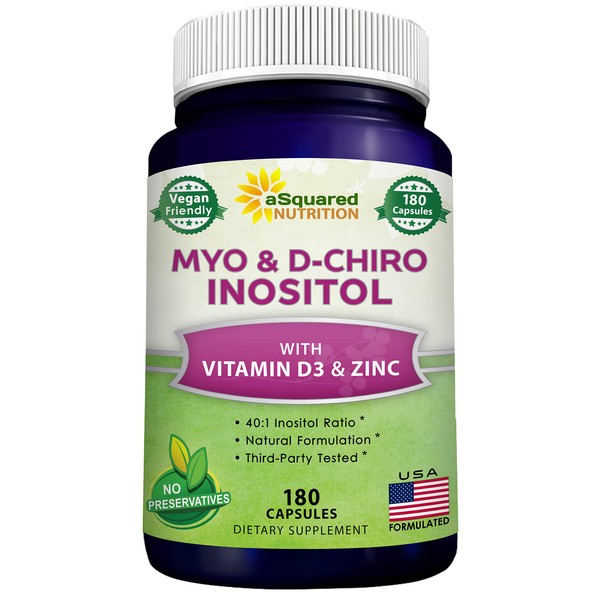 aSquared Nutrition Myo-Inositol & D-Chiro Inositol Supplement - 180 Capsules - Plus Vitamin D3 and Zinc - Myo & D-Chiro Inositol 40 to 1 Ratio - VIT B8 Complex Pills