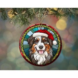 Australian Shepherd Christmas Stained Glass Ceramic Ornament, Christmas Tree Hanging Ornament, Dog Stained Glass Ornament, Ornament Religious Gift for Christians Printed on Both Sides
