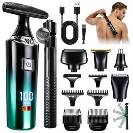 Back Shaver for Men, LED Display 5 in 1 Body Groomers Kits with Rechargeable with Long Handle, Waterproof IPX6 Wet/Dry,Multi-Functional Back Trimmer for Men,Green
