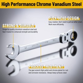 Pilida 17mm Ratcheting Wrench Metric Flex Head Ratch Wrench 12 Point Spanner 72 Teeth Chrome Vanadium Gear Combination Wrench