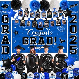2025 Graduation Decorations, Blue Themed Class of 2025 Decorations Set, Congrats Grad Backdrop, Photo Banner, Door Banner, Balloons and Pom Poms Supplies for High School College Graduation Party