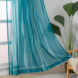 L.Z.E Teal Sheer Curtains for Living Room 63 Inch Length, Light Filtering Elegant Wave Patterned Curtains with Design, Lightweight Window Drapes for Bedroom Dining Room, Grommet Top 2 Panels Set