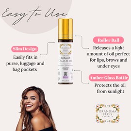 Pure Organic Castor Oil Roll On For Lips, Eyebrows, Under Eyes, Eyelashes and Cuticles - Easy, Less Mess Moisturizer Roller ball Cold Pressed, Hexane Free, Unrefined, Glass Bottle - Travel Size