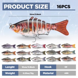 Talltalk 16 Pcs Fishing Lures for Bass Trout Perch Freshwater Trout Perch Freshwater Swimming Lures Fishing Bait Multi Jointed Swimbaits for Bass Slow Sinking Lifelike Fish Lures Kit