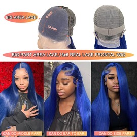 13x6 Blue Lace Front Wigs Human Hair Straight Hd Transparent Dark Blue Lace Frontal Wig Human Hair 26 Inch Wear and Go Glueless Royal Blue Wigs Human Hair Pre Plucked Colored Wig for Black Women
