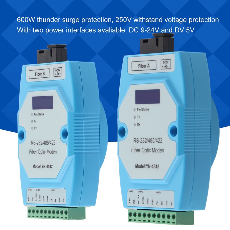 2Pcs RS485/422/232 Fiber Optic Converter Bidirectional Transimitter Receiver Modem Transmission