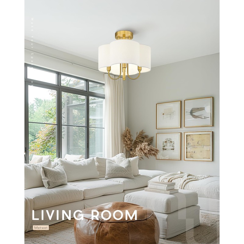 METWET Gold Semi Flush Mount Ceiling Light, 13.5" 4-Light Light