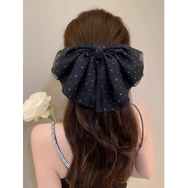 HAIRUO Large Bow Black Chiffon Hair Clip Women Teen Girls Fashion Cute Bow with Shinning Clip Hair Accessories
