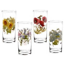 Portmeirion Botanic Garden 15oz Highball Glasses, Set of 4 - Assorted Floral Motifs, Chip-Resistant Glassware for Home Bar, Weddings, Special Occasions - Barware for Home Bartending