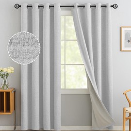 Yakamok White Linen Curtains 100% Blackout 84 Inches Long,Room Darkening Textured Curtains for Living Room Thermal Grommet Bedroom Curtains 2 Panels with Greyish White Liner