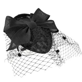 Caprilite Teardrop Pointed Pillbase Large Bow Fascinator with Birdcage Veil on Headband UK (Black)