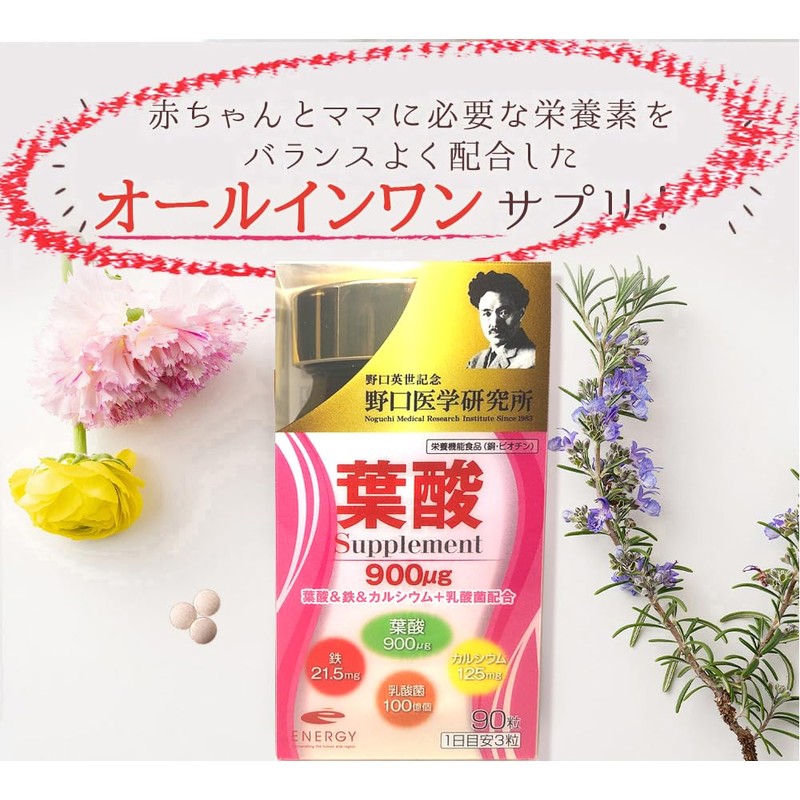 【管理栄養士・薬剤師監修の葉酸サプリ】 葉酸900μg配合＆鉄＆カルシウム＋乳酸菌 葉酸900 90粒×3（約90日分）野口医学研究所