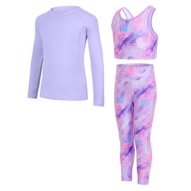 JiAmy Leggings da yoga per ragazze leggings atletici reggiseni da allenamento set per bambini palestra crop canotta Activewear set per 5-12 anni, Marmo viola., 5-6 Years