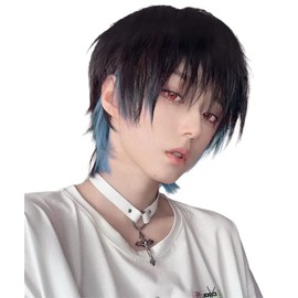 Wig, Men's Wolf, Black, Inner Color, Blue, Short, Handsome, Natural, Small Face, Easy to Wear, Heat Resistant, Harajuku Style, Fashion, High Quality