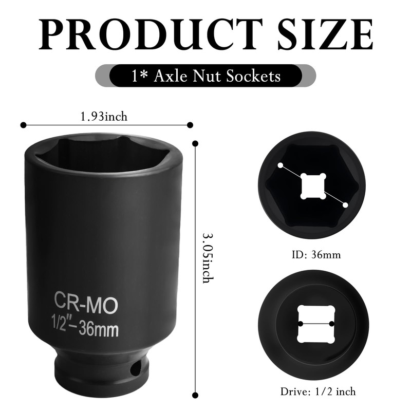 36mm Socket 1/2 Drive,High-Strength Axle Nut Socket Set with Anti-Slip
