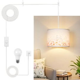 Plug in Pendant Light, Flower Planting Hanging Light with Plug in Cord, Hanging Lamp with 3-Way Dimmable Bulb, Farmhouse Pendant Light for Kitchen Dining Room Bedroom Entryway (Printing Shade)