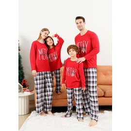 VNVNE Christmas Pajamas for Family Pjs Matching Sets, Red Merry Christmas Printed Top and Plaid Pants Holiday Pajamas for Women/Men/Couples(Women,L)