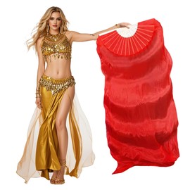 Women Belly Dance Fan for Beginners,180x90cm Faux Silk Fan (Right Hand Only),Flowing Veil Fan for Practice&Performance (red)
