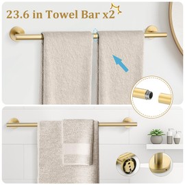 TURS Brushed Gold 10 Pieces Bathroom Hardware Set, SUS304 Stainless Steel 24 Inch Bath Towel Bar Set, Round Bathroom Accessories Kit Wall Mounted