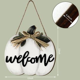 Jetec Fall Decor Pumpkin Welcome Sign Thanksgiving Door Hanger Wooden Pumpkin Decor Hanging Porch Sign for Autumn Harvest Thanksgiving Farmhouse Wall Decoration(White)