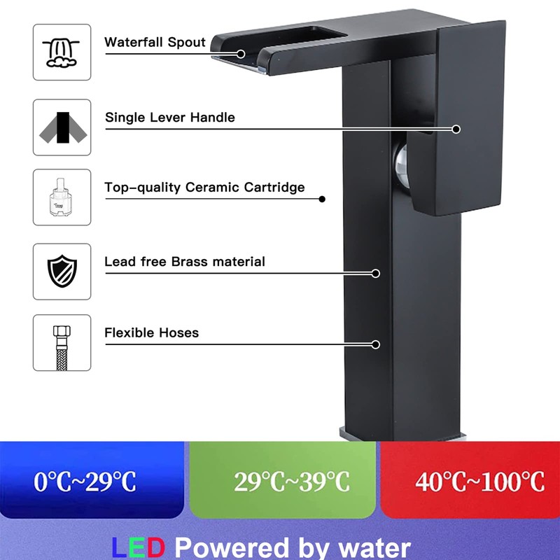 Black Bathroom Vessel Faucet Led Light 3 Color Changing Waterfall