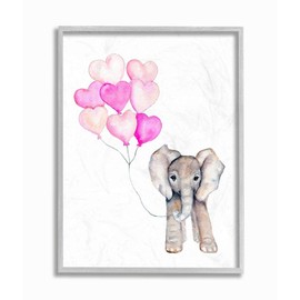 Stupell Industries Baby Elephant with Pink Heart Balloons Grey Framed Wall Art, 11 x 14, Design by Artist Daphne Polselli