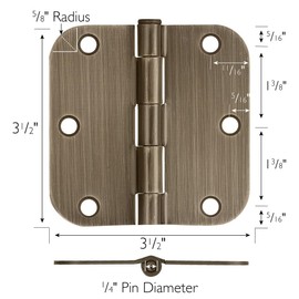 Door Hinges for Interior Doors, 6-Pack, 3.5-inch x 3.5-inch – Rounded 5/8-inch Radius Steel Door Hinge – Antique Brass – Fits Standard Doors – Design House 189746
