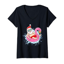 Summer Christmas in July Tropical Santa On Pool Summer Santa T-Shirt mit V-Ausschnitt