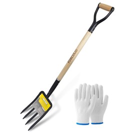 FORCOLID Garden Fork, 4-Tine Spading Digging Fork, Pitch Fork-45Inch, Forged Steel Y-Grip, Wood Handel-Red