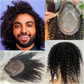 Tupé para Hombre Tupé de Cabello Humano for Hombres Mono Encaje con Pelucas Afro tupé PU Pelucas rizadas(Dark Brown)