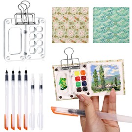 Mini Travel Paint Palette Set,12 PCS Portable Watercolor Kit Paper Pad Sketch Book with Binder Clips Acrylic 8 Grid Paint Box Paint Brushes for Painters Artists