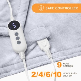 HYLEORY Heated Electric Blanket Throw, 2-Layer Cozy Warm Flannel 50" x 60", Heating Blanket with 9 Heating Levels, 2/4/6/10 Hours Auto Off, Fast Heating Winter Blanket, Light Grey
