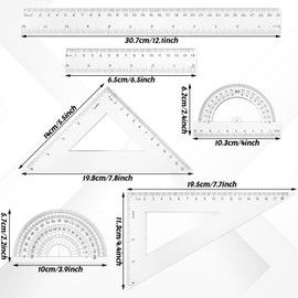 Grevosea Clear Ruler Set, 6 Pieces: 6/12 Inch Straight Rulers, 30/60 & 45/90 Degree Triangle Rulers, Protractors - Plastic Measuring Tools for School, Office, Home