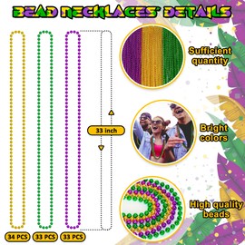100PCS Mardi Gras Beads, Green Purple Gold Metallic Mardi Gras Beads Necklaces Accessories Bulk, Mardi Gras Carnival Beads Necklace Accessories for Parade Throws Party Decorations Supplies Favors