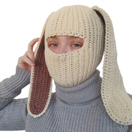 Knit Y2k Hat Cat Beanie with Devil Horn and Long Bunny Ear Crochet Shiesty Ski Mask Balaclava Grunge Accessories (Bunny Ear-White)