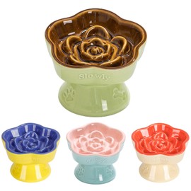 S&Q's CERAMICS Raised Slow Feeder Cat Bowl, Ceramic Elevated Cute Cat Food Bowl Small Dogs Slow Feeder Bowl, Flower Shaped Cute Cat Bowl for Dry and Wet Food (Brown, 5.8")