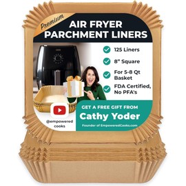 Cathy Yoder's AirFryer Paper Liners, 125 PCS 8-inch Square Air Fryer Liners Disposable, Premium, Food-Grade Easy Cleanup Air Fryer Parchment Paper Sheets, Airfryer Liner for 5-8QT, Baking & Roasting