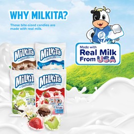 Milkita Creamy Shake Candy Pack of 4, Gluten Free Chewy Candies with Calcium & Real Milk, Zero Trans Fat, Low-Sugar, Assorted Flavors (Vanilla, Strawberry, Cappuccino, Honeydew), 120 Pcs