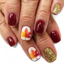 Burgundy Press on Nails Short Square Fake Nails with Maple Leaf Designs Gold Glitter Nails Press ons Fall Winter Glue on Nails Cute False Nails Natural Stick on Nails for Women 24Pcs