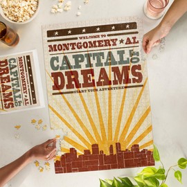 Lantern Press 1000 Piece Challenging Jigsaw Puzzle, Montgomery, Alabama, Skyline and Sunburst Screenprint Style