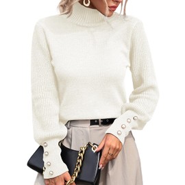 Upopby Women's Fall Winter Mock Turtleneck Knitted Sweaters for Women 2025 2024 Trendy Lantern Sleeve Pullover Sweater Jumper Tops White M