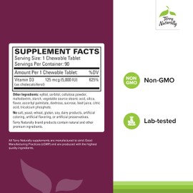 Terry Naturally Vitamin D3 - Bone Health & Bone Strength Support Supplement - Immune System & Brain Support - 5,000 IU Vitamin D Tablets with Mixed Berry Flavor - 90 Chewable Tablets (Pack of 2)