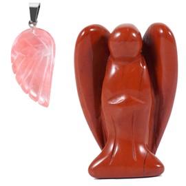 Soulnioi 1.5" Natural Healing Crystal Gem Statue Guardian Angel Figurine for Home Room Decoration Ornament (Red Jasper), and 1pc Angel Wings Crystal Carved Necklace Pendant (30 * 15mm)