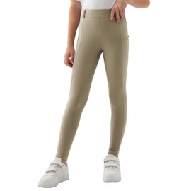 MoFiz Girls Breeches Horse Riding Pants Summer Kids Equestrian Pull On Horseback Tights Zip Pocket Youth Schooling Khaki Large