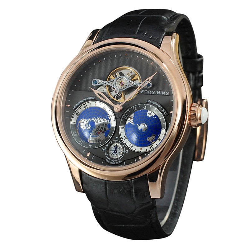 Forsining Men Automatic Mechanical Watch Leather Strap Round Wristwatch (Black