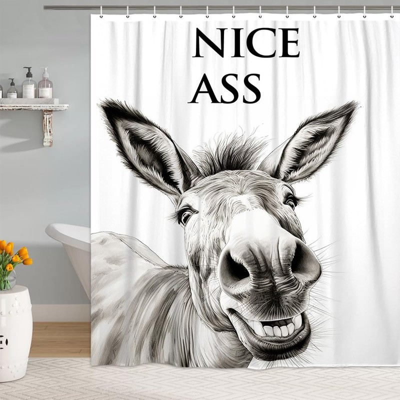 LKFBSC Funny Donkey Shower Curtain, Black and White Farmhouse Animal