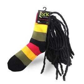 Lock Socks - Dreads for Your feet, mon - Novelty Socks for Men - Red, Yellow, Black, and Green Colour-Blocked Athletic Socks with Long Dreadlocks, one Size fits Most Adults
