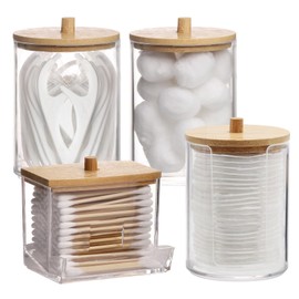 Tbestmax 4 Pack Qtip Holder Bathroom Container, 10/7oz Cotton Ball Cotton Swabs Pads Dispenser, Apothecary Jar with Bamboo Lids for Organizer and Storage (Beige)